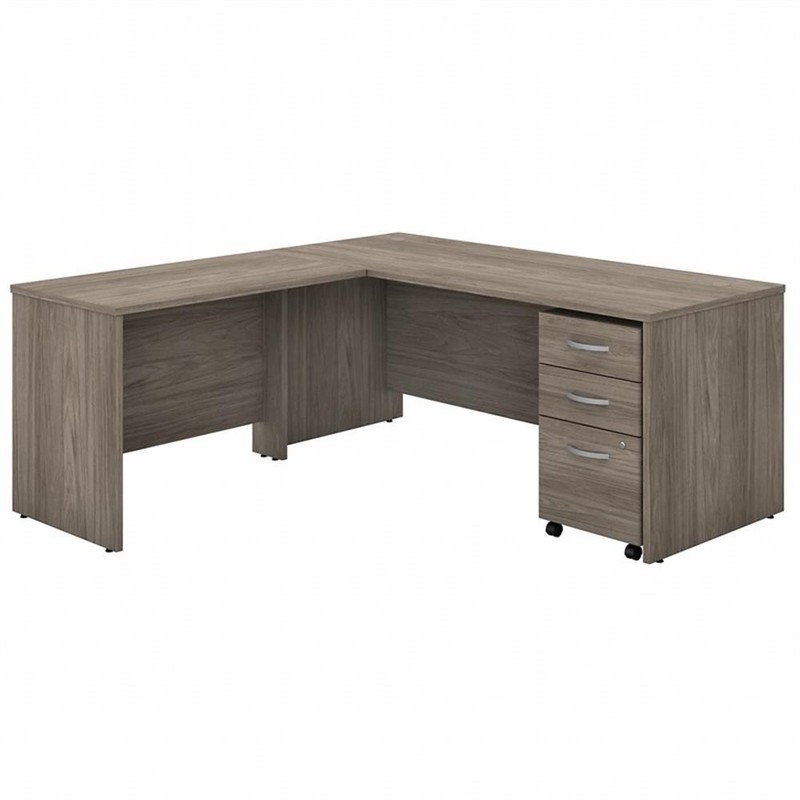 Pemberly Row 72W L Shaped Desk with Drawers in Modern Hickory – Engineered Wood