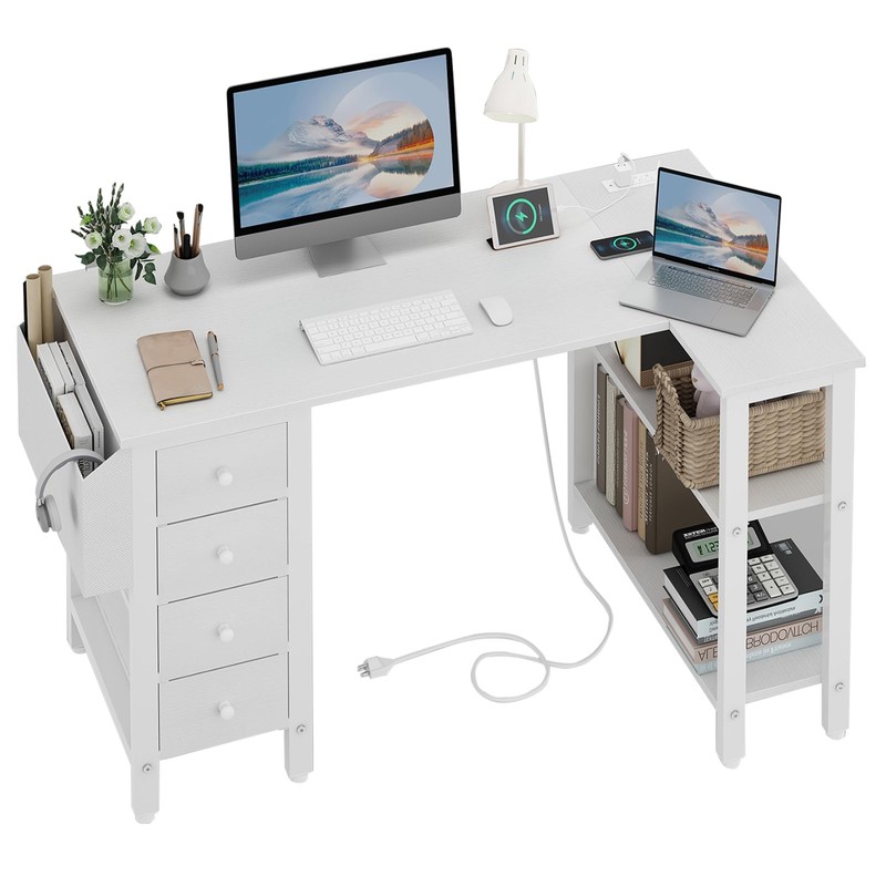 Lufeiya White L Shaped Computer Desk with Drawers Storage Shelves, 47 Inch C...