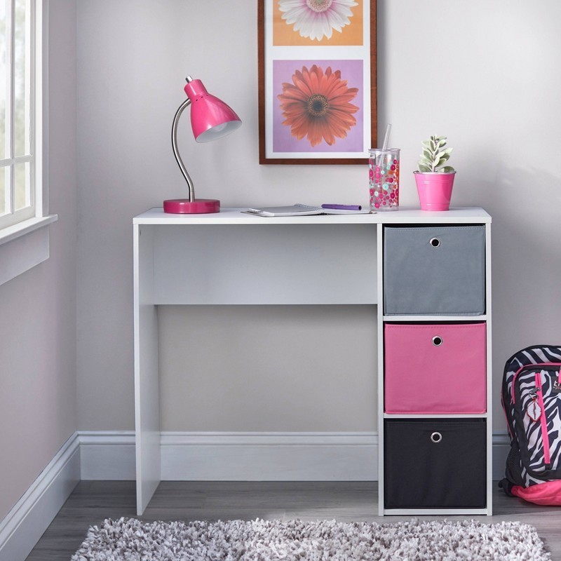 Student Writing Desk with 3 Fabric Bins White/Pink Space-Saving Design 35.5" gallery