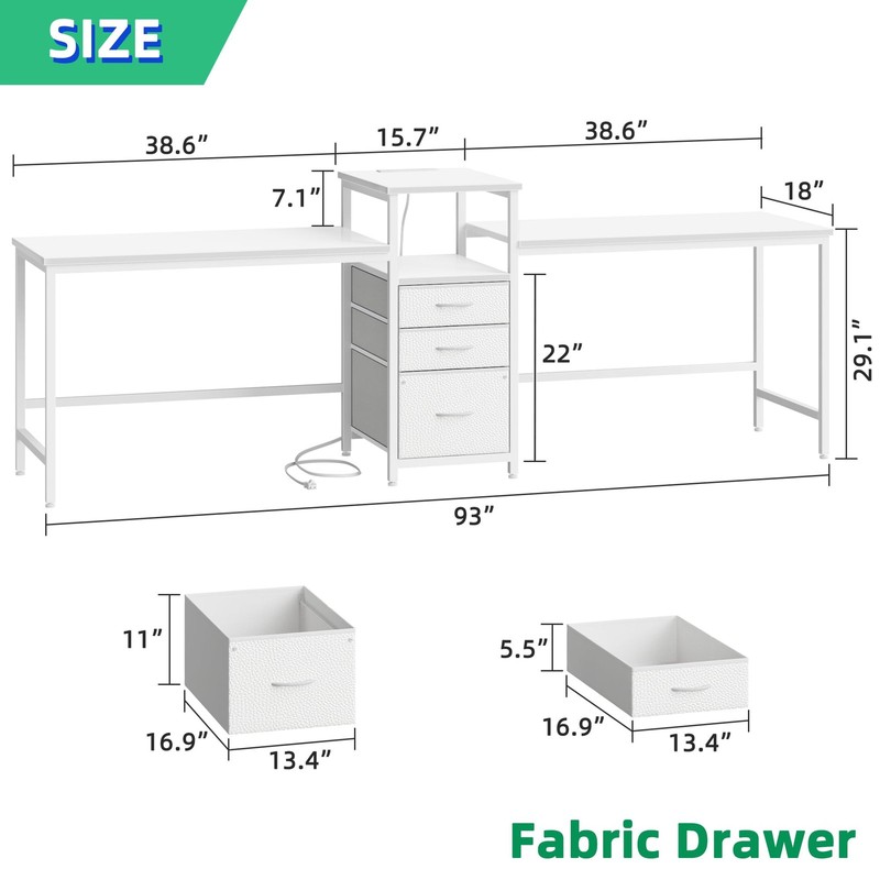 93'' Two Person Desk with Charging Station, Long Desk with 3 Drawers and Prin... gallery