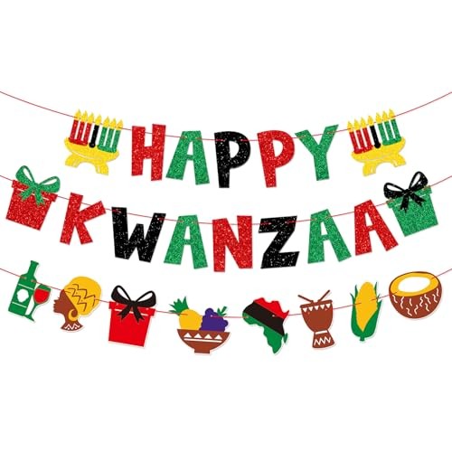 Happy Kwanzaa Decorations Banner, 3Pcs Pre-Strung Glitter Red red gren black gallery