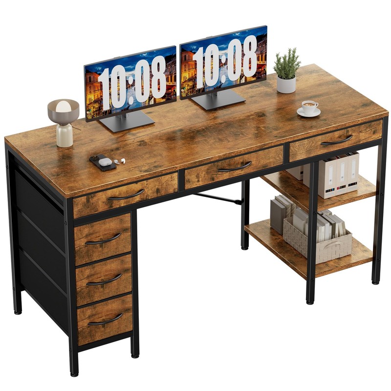 55″ Computer Desk with 6 Drawers, Home Office Gaming Desks with Storage Shelv…