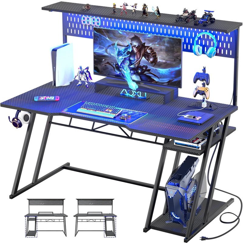 Gaming Computer Desk with Hutch and LED Lights, 53» Black Gaming Desk with S…