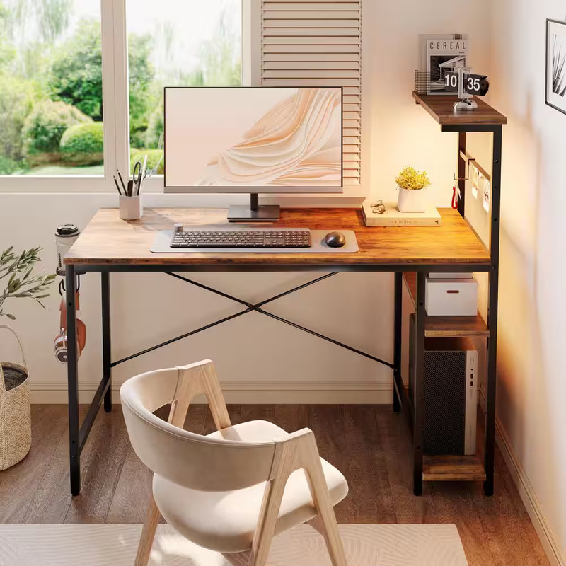 44 In. Rectangular Rustic Brown Computer Desk with 4 Tier Storage Shelves and Ho