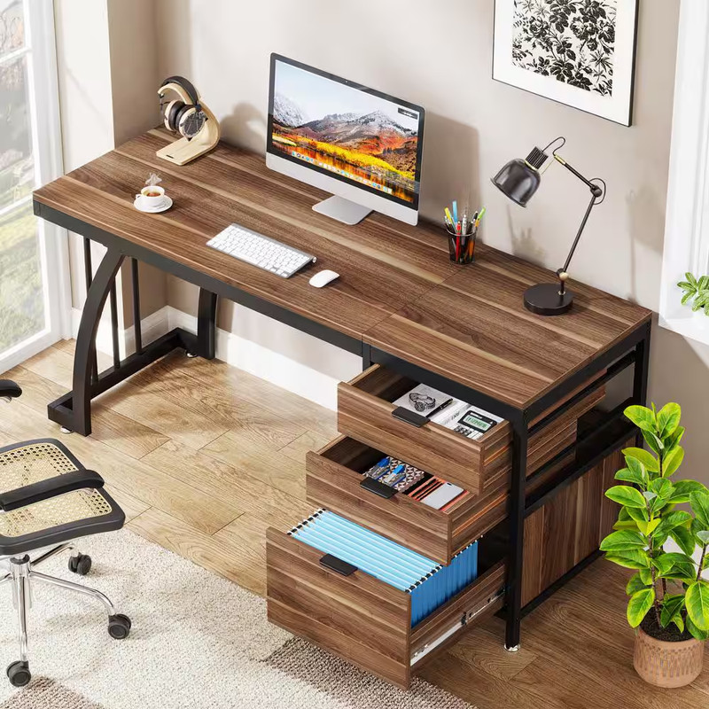 Moronia 59 In. Rectangle Walnut and Black Wood Computer Desk Industrial Study Wr gallery