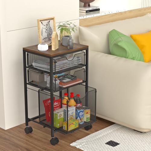 Rolling File Cart with 3 Storage Drawers, Wood & 14.8" L x 11.8" D x 25.3" H gallery
