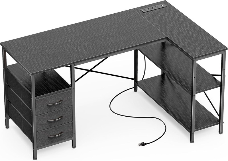 L Shaped Office Desk W/ Power Outlets 47 Inch Computer Desk W/ 3 Drawers Shelves