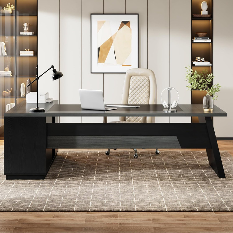 Modern L-Shaped Executive Desk with Storage, Grey & Black Home Office Furniture gallery