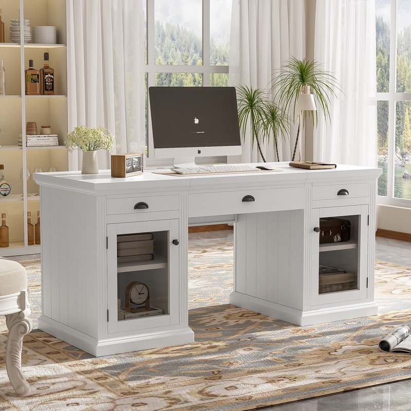 67″ White Modern Executive Desk with Storage Cabinet & 3 Drawers