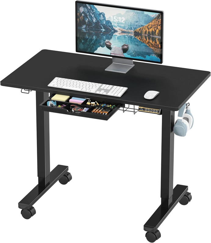 SHW 40-Inch Mobile Electric Height Adjustable Sit to Stand Desk with Drawer, Han