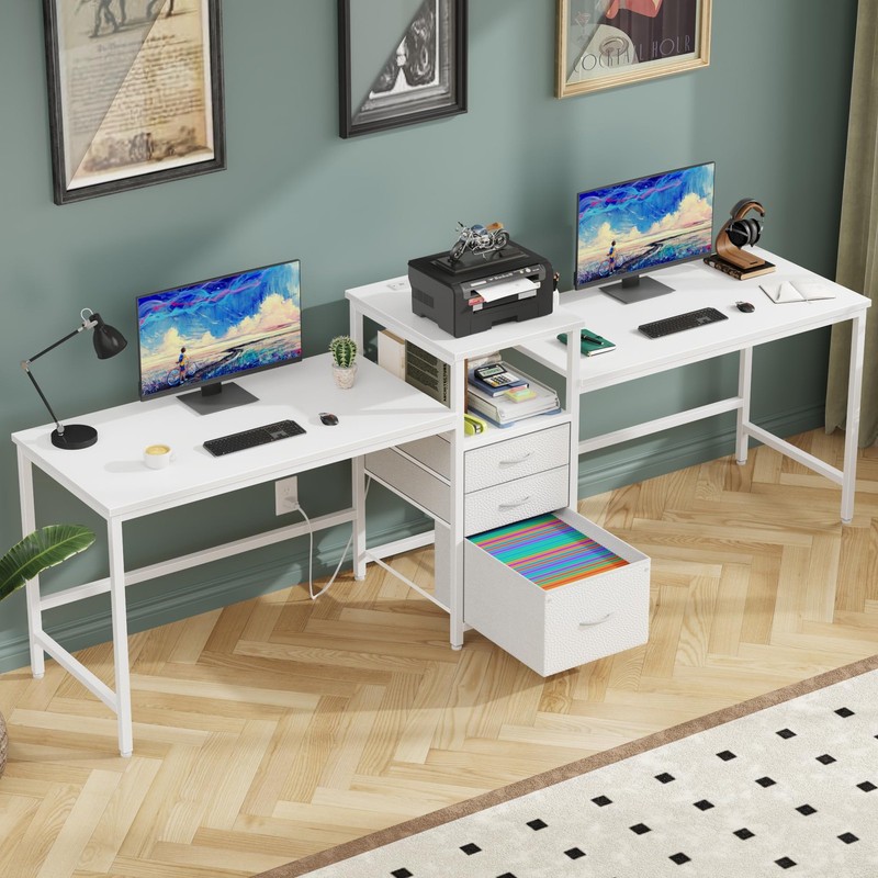 93'' Two Person Desk with Charging Station, Long Desk with 3 Drawers and Prin...