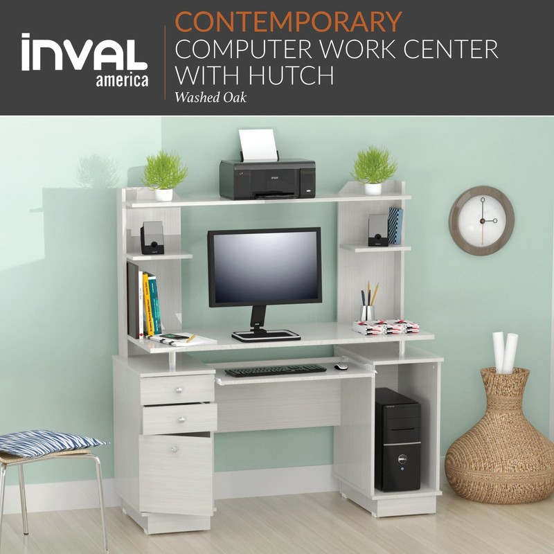 America Computer Work Center with Hutch, Pull-Out Keyboard Tray, Drawers, Des... gallery