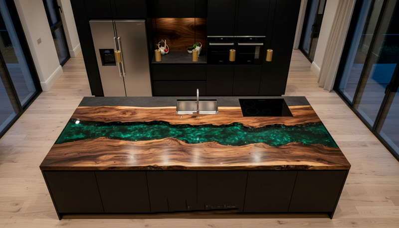 Green Resin Live Edge Countertop | Custom Epoxy Wood Slab Kitchen Bar Top gallery