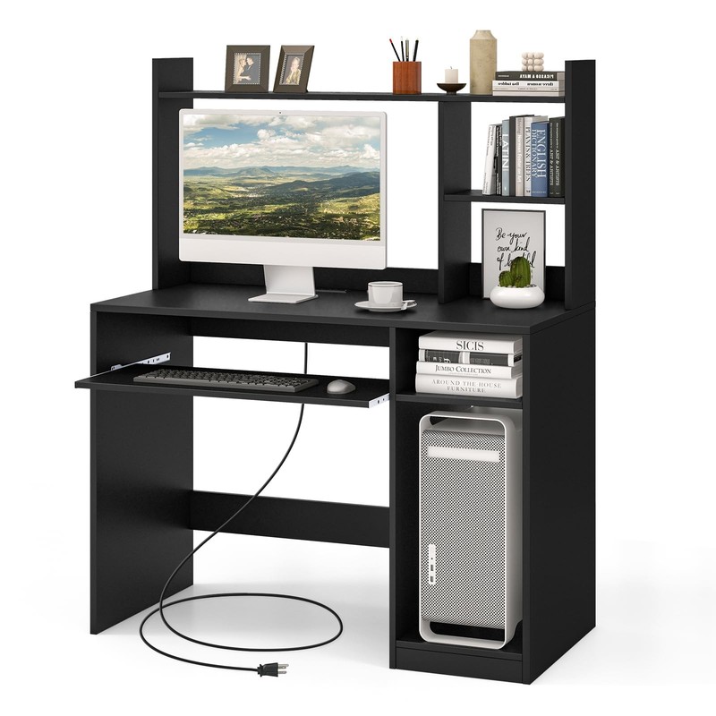 Tangkula Computer Desk with Storage Hutch & Charging Station, Home Office Stu…