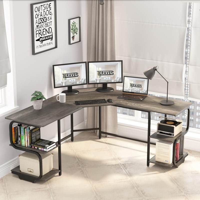 Modern L Shaped Desk with Shees, 64.84" Ging puter Desk for gallery