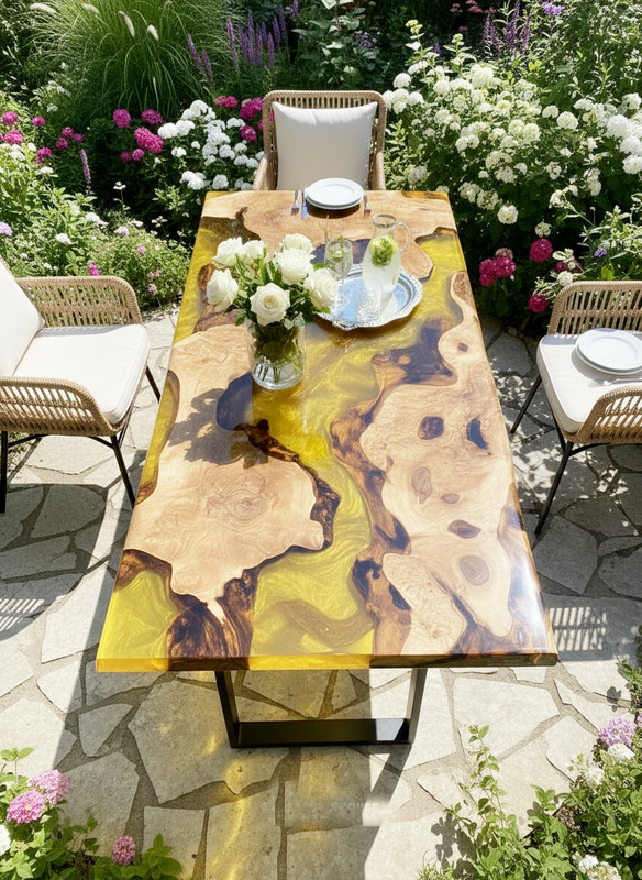 Handmade Yellow Epoxy Resin River Dining Table | Live Edge Solid Wood Table