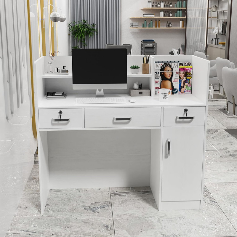 Omysalon Modern Reception Desk, Front Table Counter with Lockable Drawers and Mo