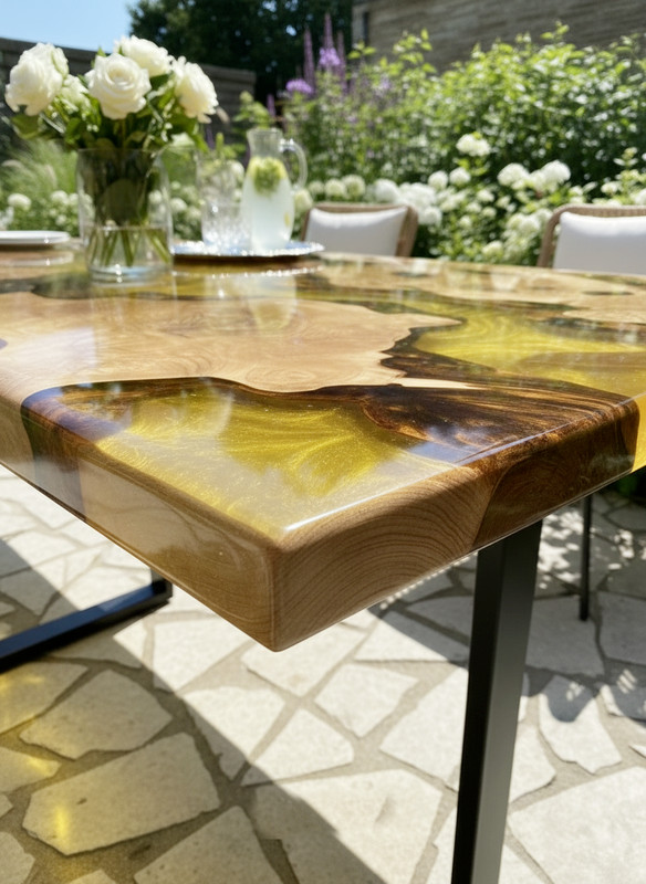 Handmade Yellow Epoxy Resin River Dining Table | Live Edge Solid Wood Table gallery