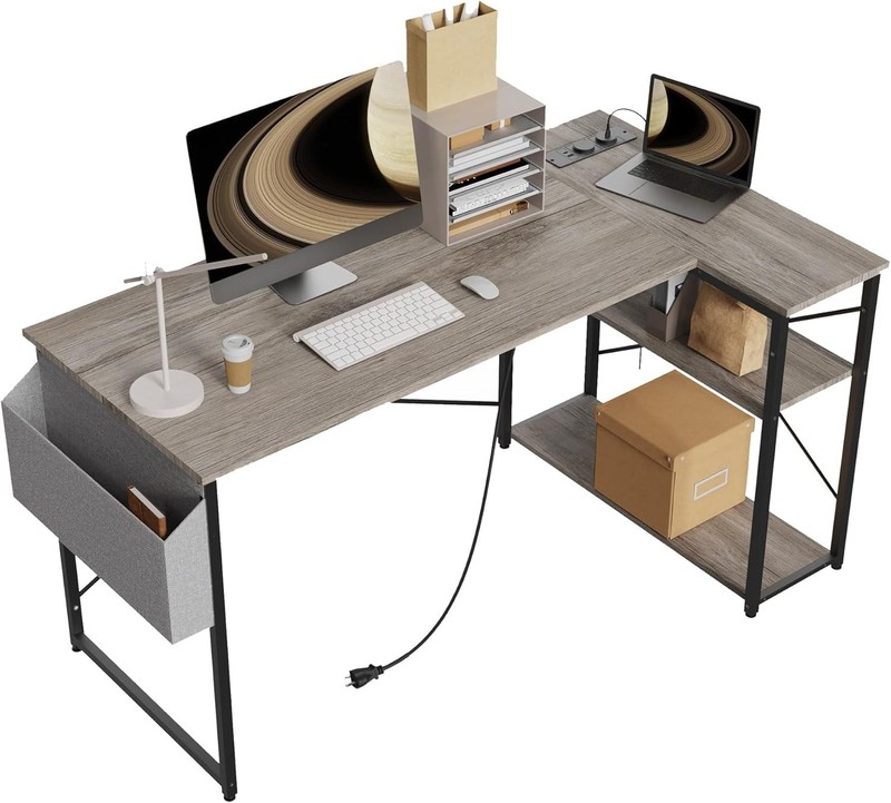TIQLAB 40″ L-Shaped Computer Corner Desk w/ Power Outlets, Reversible Shelves