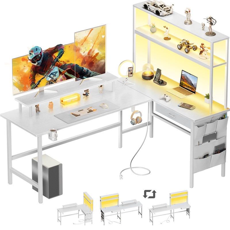 L Shaped Gaming Desk with LED & Storage Shelves, Corner Desk with Monitor Stand