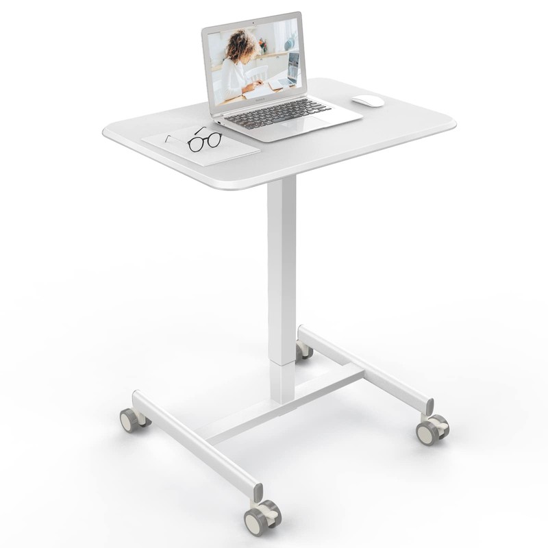 DUMOS SMALL STANDING LAPTOP DESK MANUAL ADJUSTABLE MOBILE 48 X 65 – WHITE