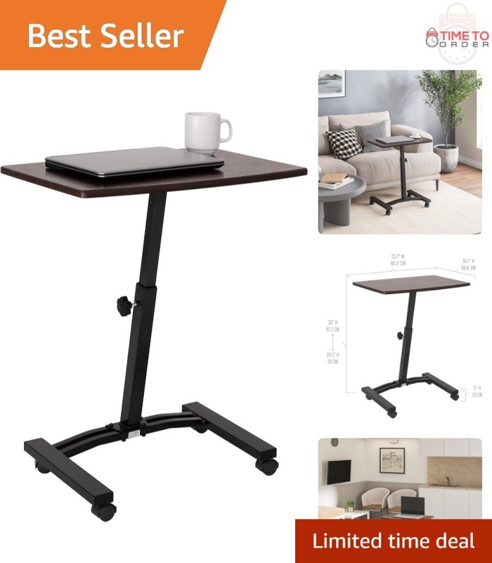 Mobile Laptop Desk Cart Adjustable Height Walnut Slim Office Home Lightweight