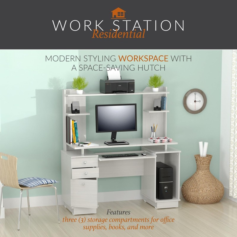 America Computer Work Center with Hutch, Pull-Out Keyboard Tray, Drawers, Des... gallery