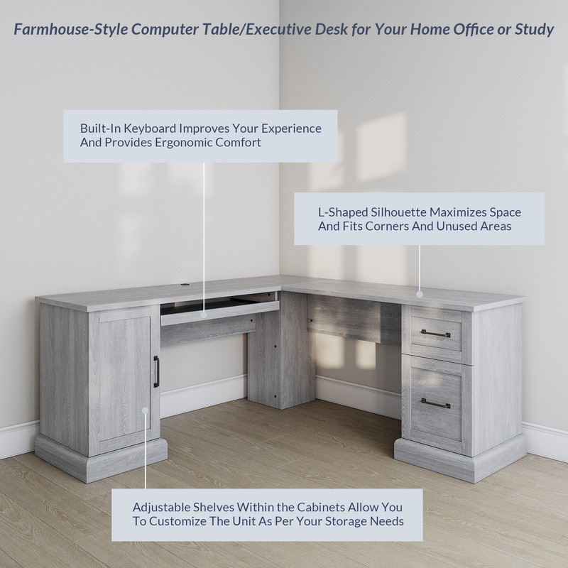 L-Shaped Home Office Desk with Keyboard Tray, Drawers & Cabinet, 5 Colors gallery
