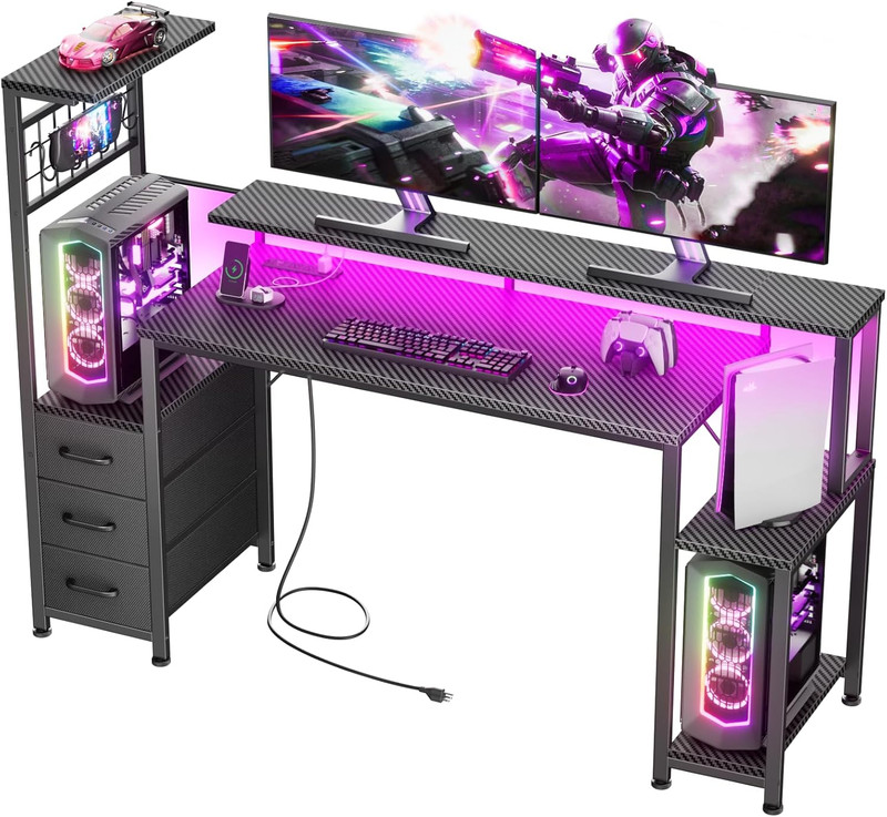 55 Inch Gaming Desk with LED Lights & Power Outlets,Computer Desk with Fabric Dr