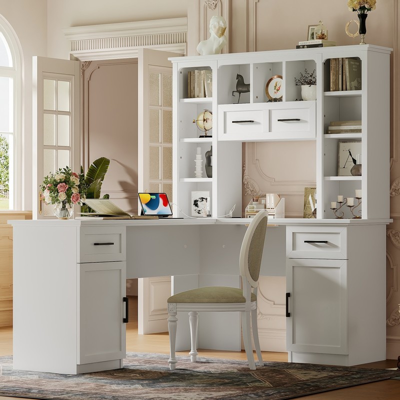 L Shaped Computer Desk Home Office Desk Storage Cabinet Drawers Bookshelf White