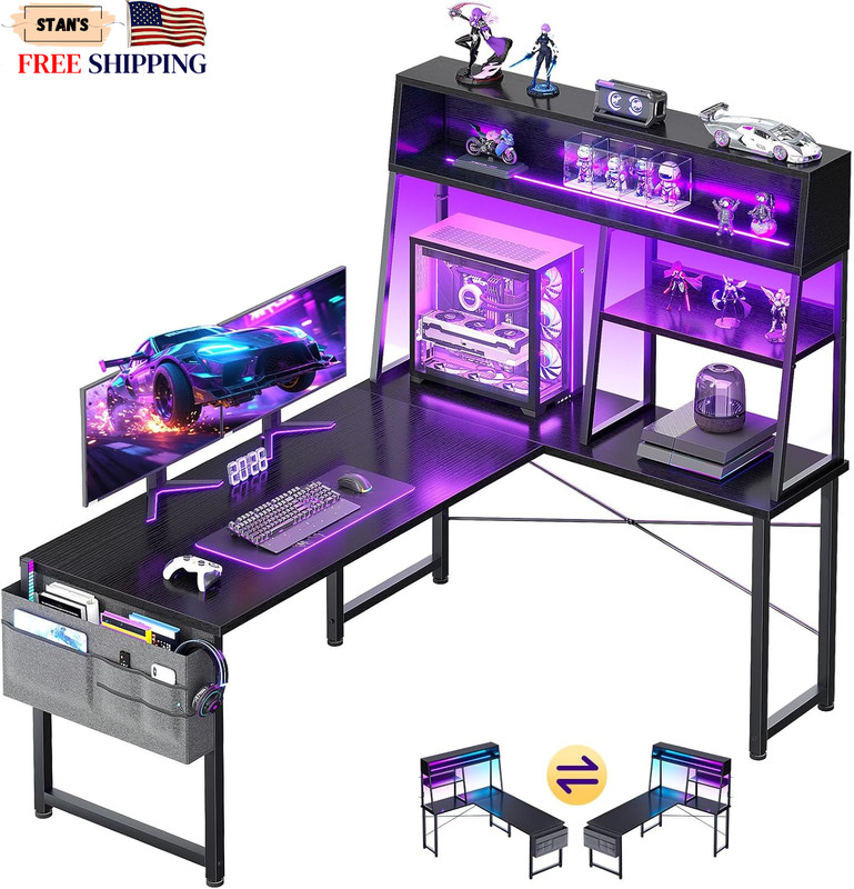 L Shaped Gaming Desk with Led Lights 51 Inch Reversible Gaming Computer Desk wi