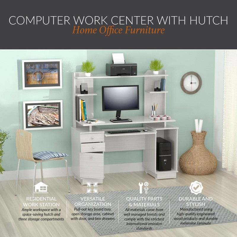 America Computer Work Center with Hutch, Pull-Out Keyboard Tray, Drawers, Des... gallery