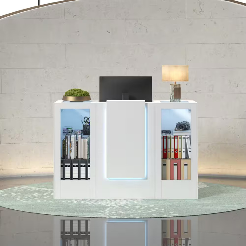 59.1 In. W Rectangle White Wooden Computer Desk, Writing Desk with 6 Glass Displ