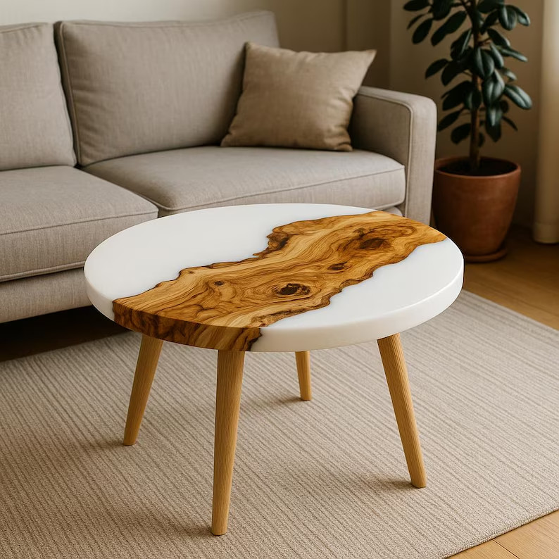 Modern White Round Resin Coffee Table Top – Handmade Finish Interior Decor