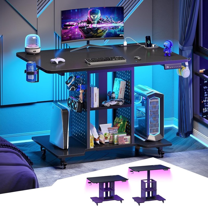 Small Standing Gaming Desk with LED Light, Height Adjustable Computer PC Desk