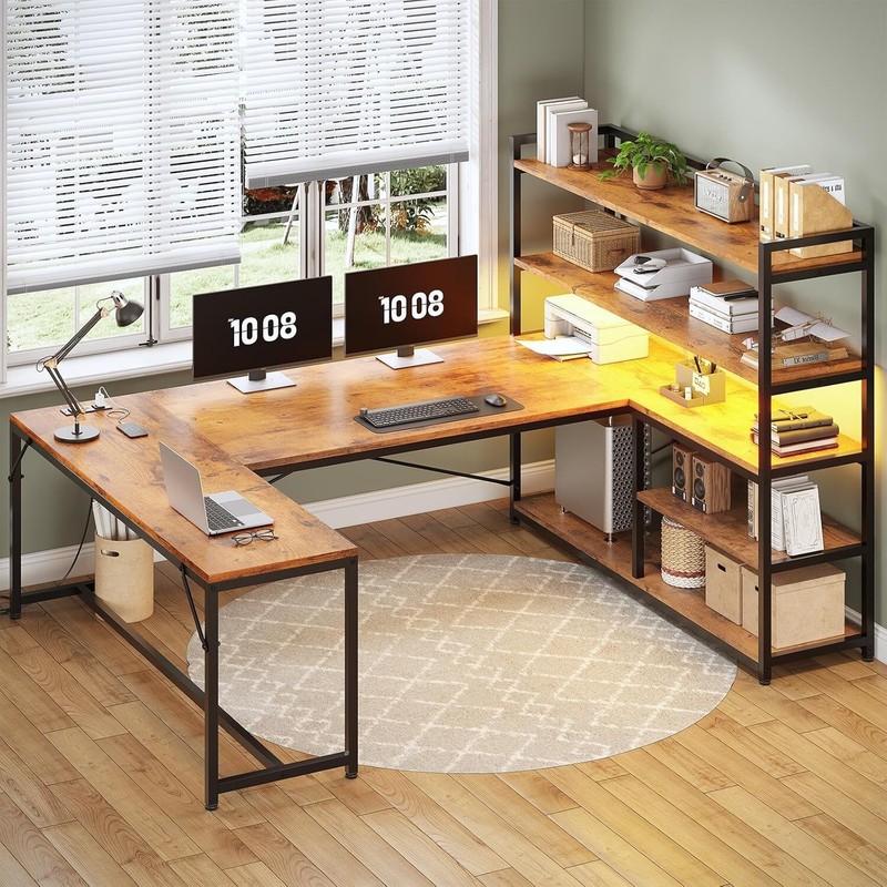 L Shaped Computer Desk, 63″ Reversible Office Desk w/Storage Shelves &LED Lights