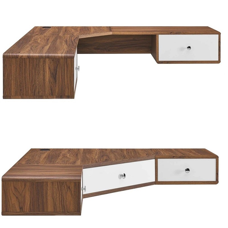 Floating Corner Desk Wall Mount Walnut Laminate White 2 or 3 Drawers 55” or 47″