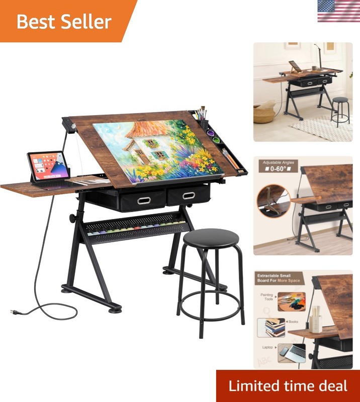 Adjustable Drafting Table with Stool, Tilting Drawing Desk Artist Table with …