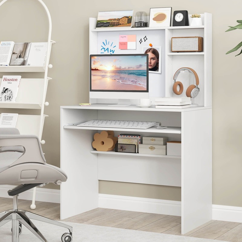 Computer Desk w/ Hutch Space Saving Laptop Desk w/ Magnetic Whiteboard