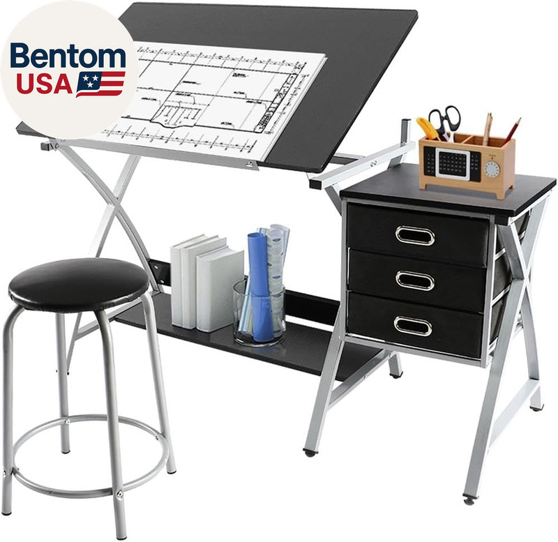 Drafting Desk, Drawing Table for Artists/Adults, Art Desk W/Stool and 3 Slide Dr