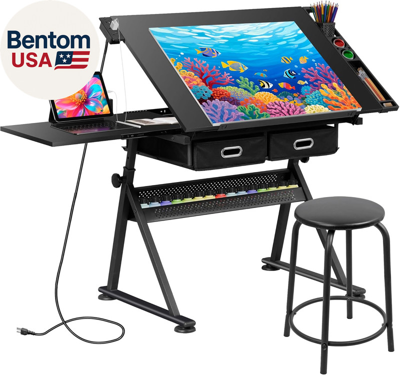 Drafting Table Art Desk W/Power Outlet and Stool, Adjustable Tilting Drawing Tab