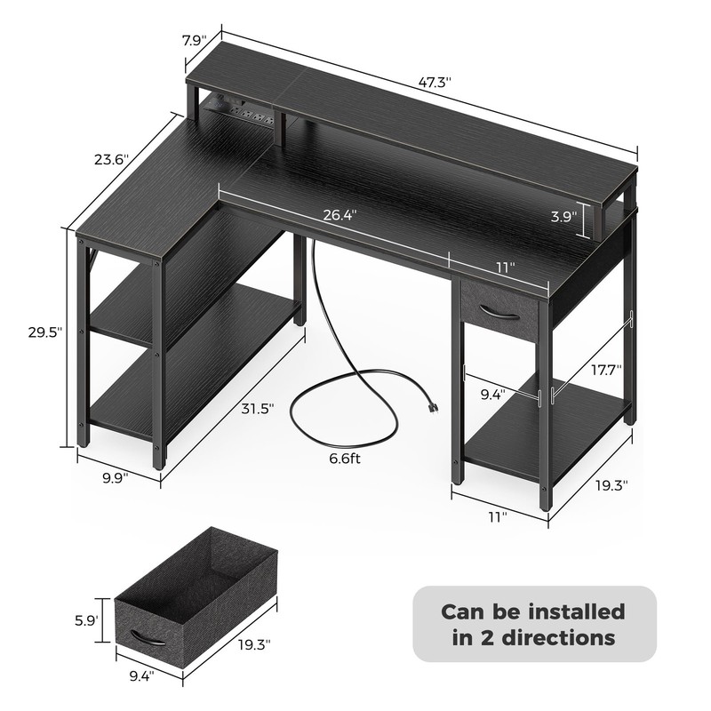 47 Inch L Shaped Gaming Desk LED Lights Power Outlets Black gallery