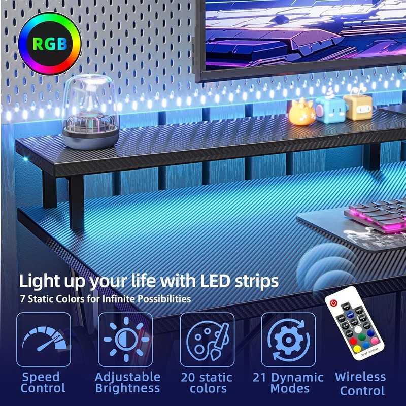 40 Inch Ergonomic Computer Carbon Fiber Surface Gamer Desk Power Outlets & LED gallery