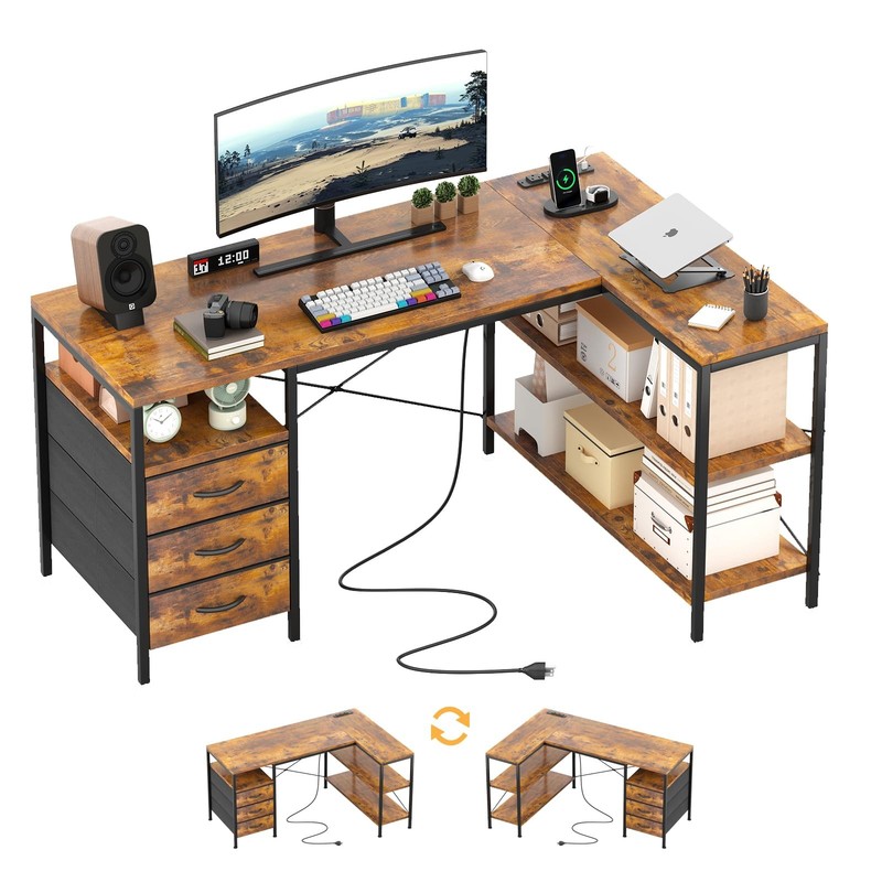 L Shaped Computer Desk with 3 Drawers & Power Outlets, 47 Inch Corner Desk wi…