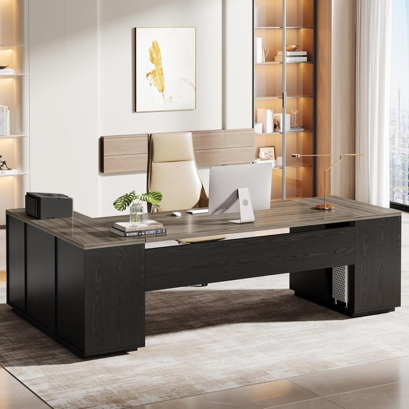 85.8 Inch Large Executive Desk, L-Shaped Modern Office Desk with File Drawers