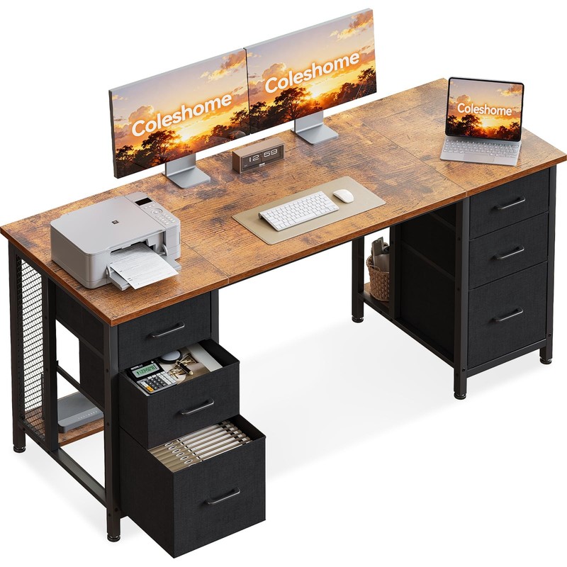 Desk with 6 Drawers, 160x52 cm Computer Desk with Storage, Bür...