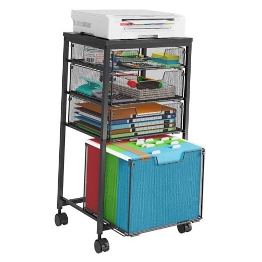 Black Rolling File Cart with 4 Storage Drawers - 3S+1L Mobile File 3S+L Drawers