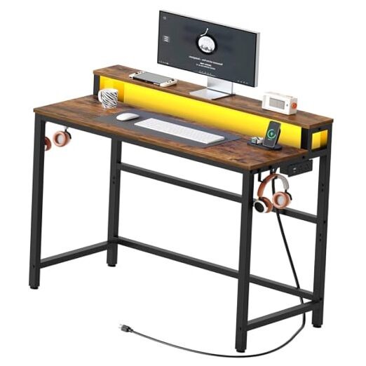 Small Computer Desk with Charging Station and LED Lights, Rustic Brown + Black