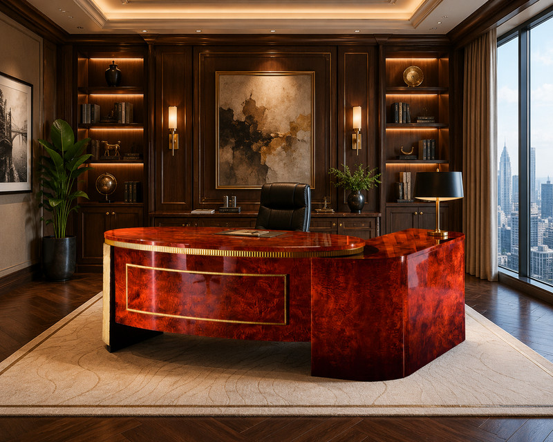 Luxury Burl Wood Executive Desk – High Gloss Designer Office Desk -Brass Accents
