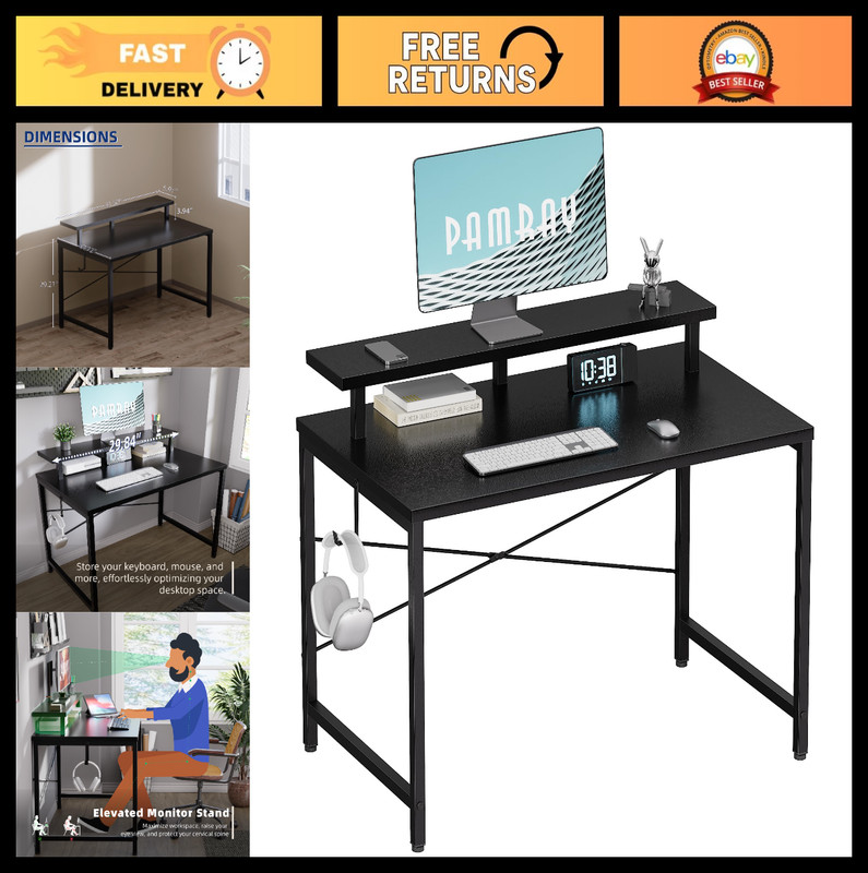 32″ Small Computer Desk with Monitor Stand & Headphone Hook – Compact Office Tab
